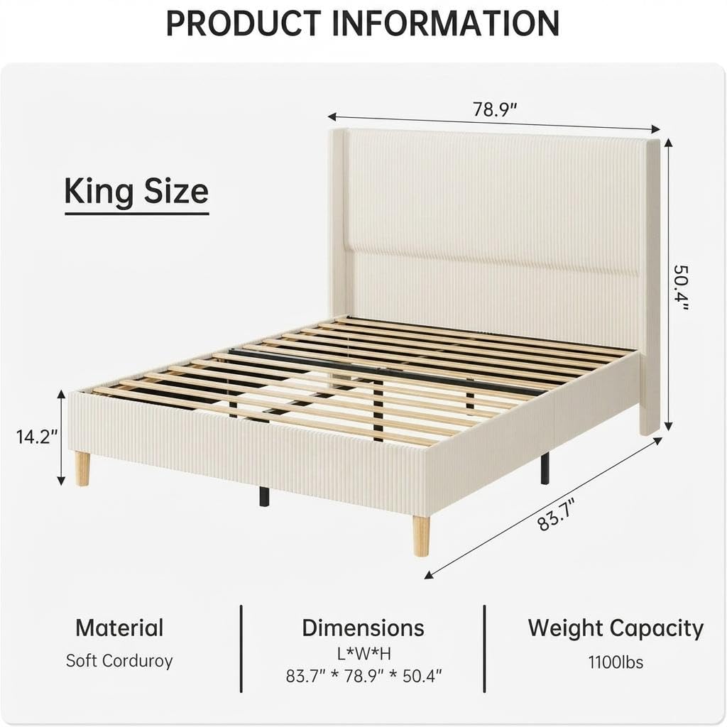 Garvee King Bed Frame with 50" Tall Wingback Headboard, Corduroy Upholstered Platform King Size Bed Frame, No Box Spring Needed, Sturdy Wooden Slats, Noise Free, Cream