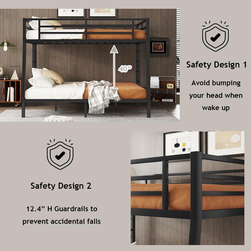 Bellemave Full XL Over Queen Bunk Bed for Adults, Full XL Over Queen Bunk Bed Frame with 2 Ladder and Full Length Guardrail, Easy Assemble, Mattress Not Included, Black