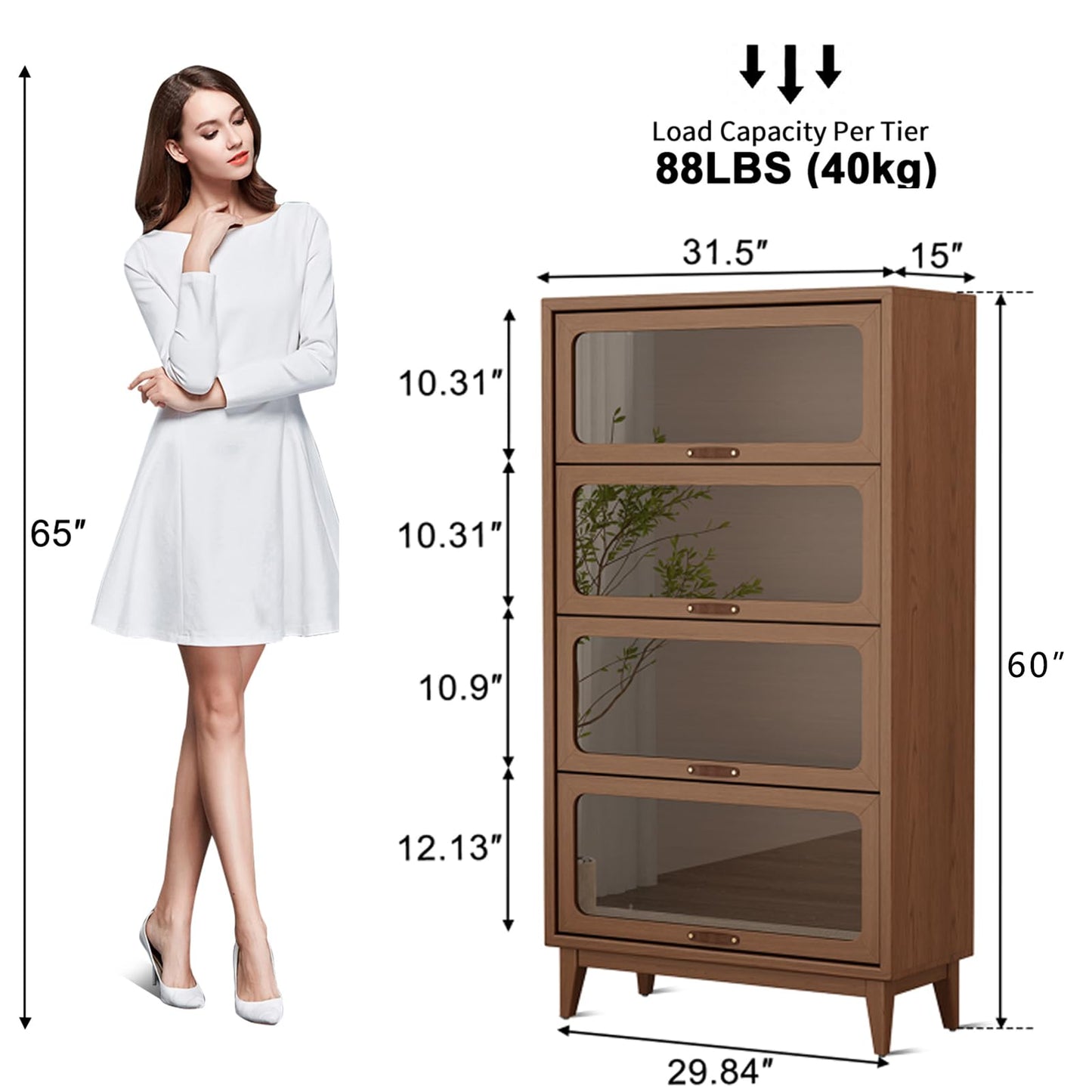 AnywaysWood Solid Wood Bookcase 4-tire with Tempered Glass Flip-Up Doors,60Hx13.7Dx32W Bookshelves Finish Cube Storage Organizer,Bookshelf Versatile Pantry Cabinet for Living Room Home Office