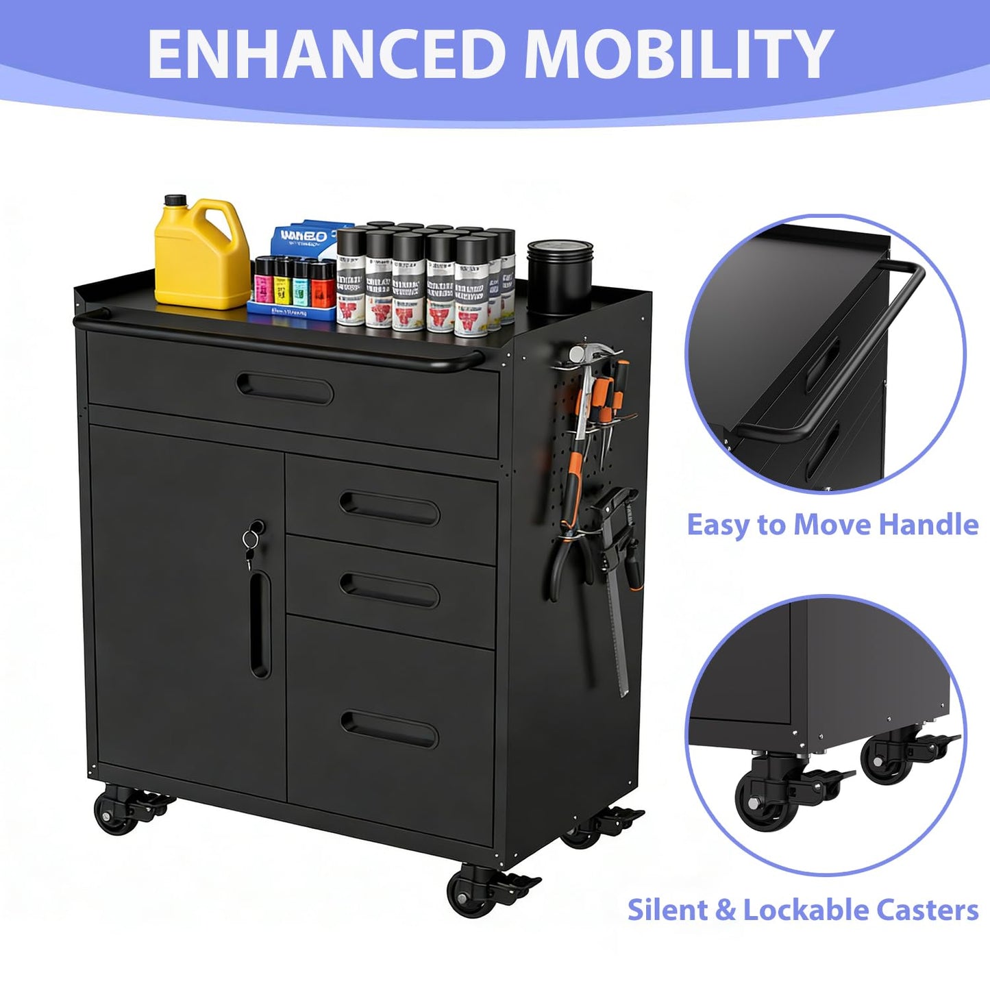 EKJ Metal Garage Storage Cabinet on Wheels, Lockable Rolling Tool Cabinet with Doors and 4 Drawers, Heavy Duty Mobile Steel Cabinet for Garage Warehouse Workshop