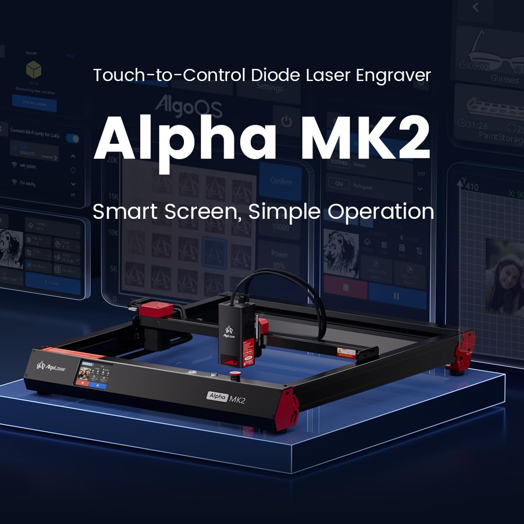 AlgoLaser Smart Laser Engraver, 20W Class 1 Laser Ccutter Machine, Built-in System, no Computer Required, Works on Metal, Wood, Acrylic, Leather, Includes air Pump Accessory.
