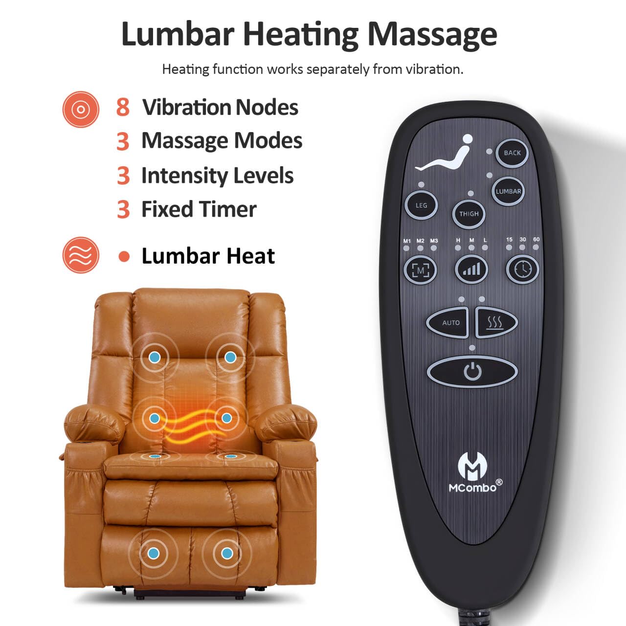 MCombo Dual Motor Power Lift Recliner Chair for Elderly, Lay Flat Lift Chair with Heat and Massage, Cup Holders, USB Ports, Faux Leather 7890 (Tawny, Medium)