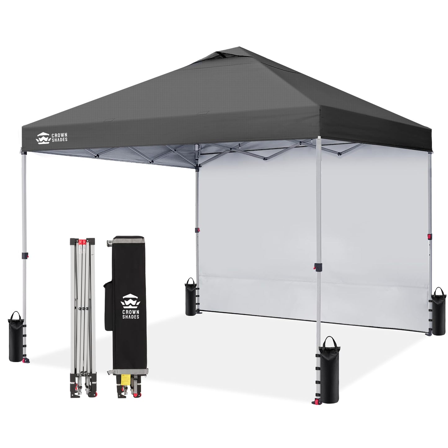 CROWN SHADES Pop Up Canopy with 1 Side Wall - Beach Tent with One Push Setup - Outdoor Sun Shade for Events, Parties, Camping - Gazebo with STO-N-Go Cover Bag, Grid Grey, 12x12FT