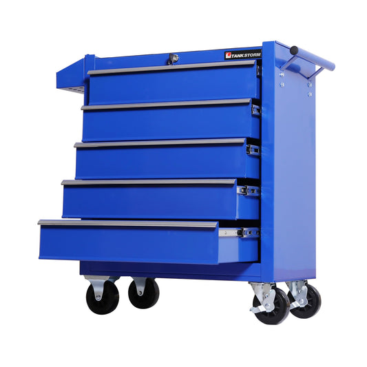 TANKSTORM 5-Drawer Rolling Tool Chest with Wheels, Heavy Duty Metal Tool Cabinet with Lock, Rolling Tool Box Organizer for Garage, Workshop, Repair Shop, Blue