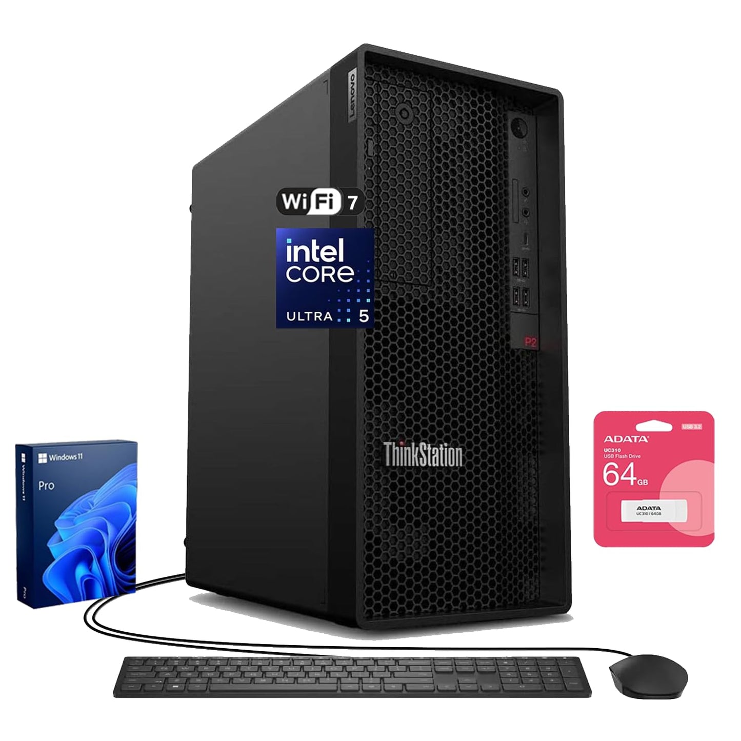 Lenovo ThinkStation P2 Tower Desktop AI PC, Intel Core Ultra 5 225, 32GB DDR5, 1TB SSD, Wi-Fi 7, Support 3-Display 4K, HDMI, DP, Optical Disc Drive, Windows 11 Pro, Business Workstation, w/Bundle