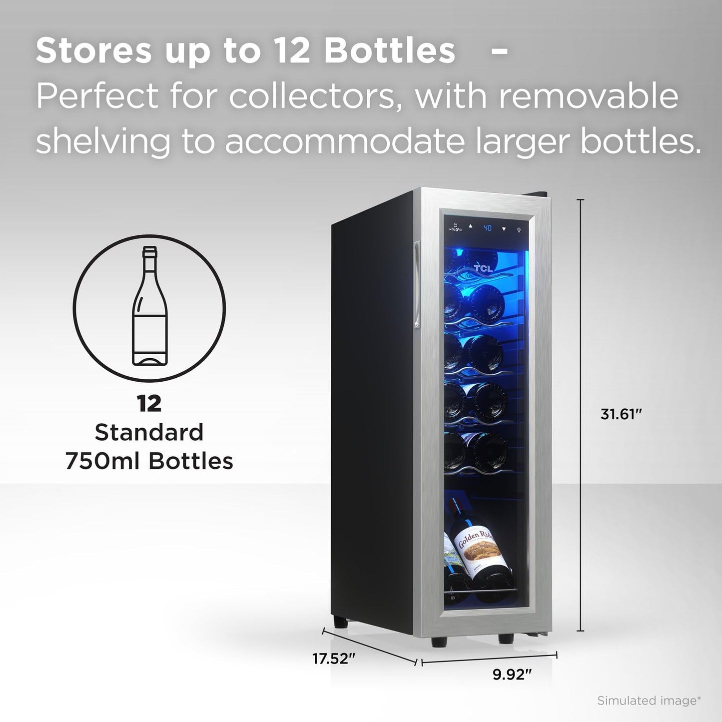 TCL 12 Bottle 1.24 Cu Ft Wine Cooler, Freestanding Mini Fridge with Glass Doors, Low Noise Operation, Digital Controls & LED Lighting