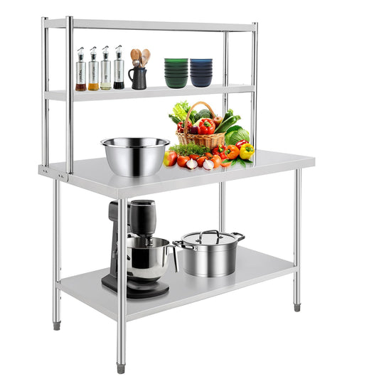 Patikuin Heavy Duty Stainless Steel Prep Table - Seamless Workbench with Adjustable Overshelves and Storage Shelf - Space-Saving Solution for Commercial Kitchen, Restaurant, Home, or Garage - 48x30in