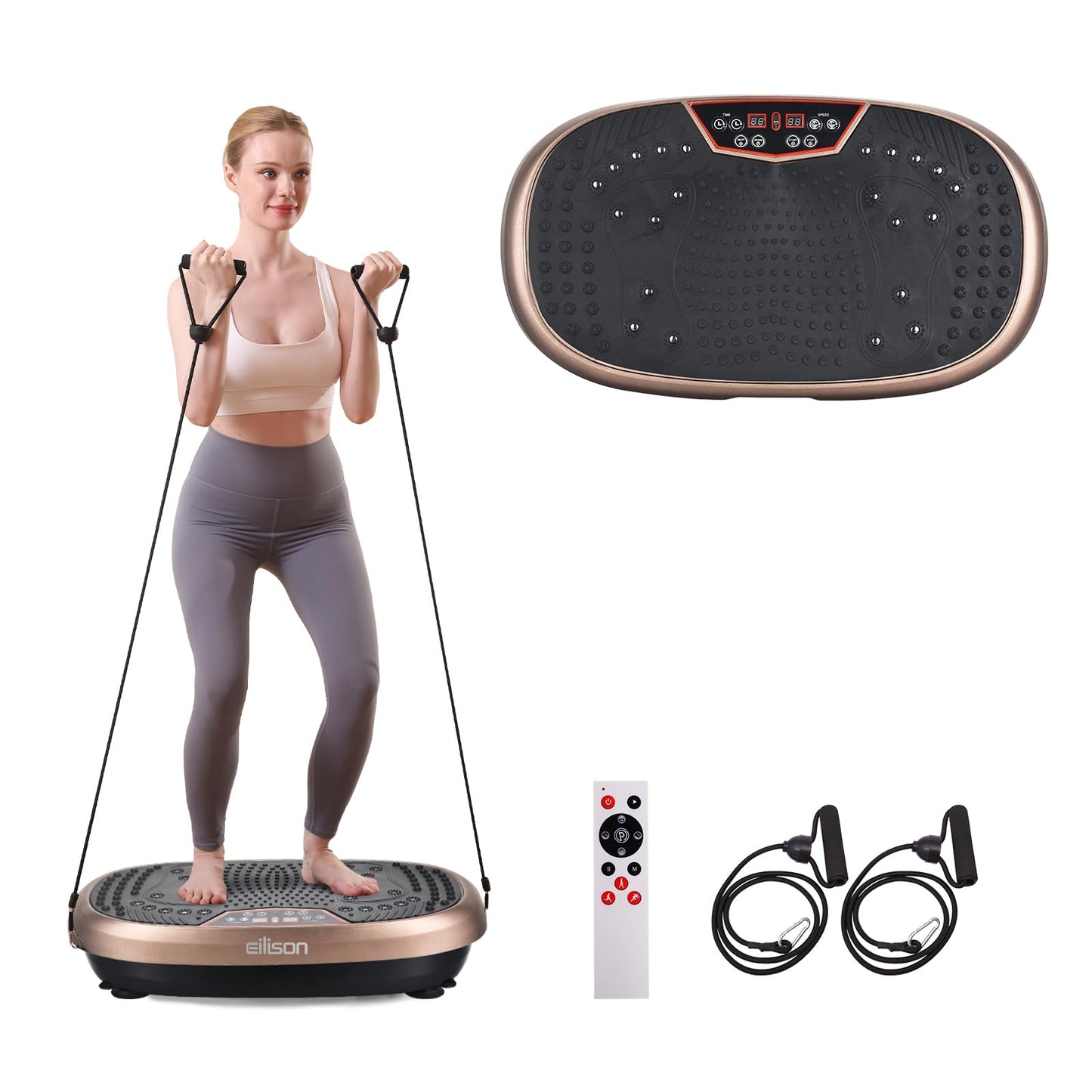 EILISON FitMaxx 3D XL Vibration Plate Exercise Machine - Whole Body Workout Vibration Platform w/Loop Bands - Lymphatic Drainage Machine for Weight Loss, Shaping, Recovery (Fitpro Brown)