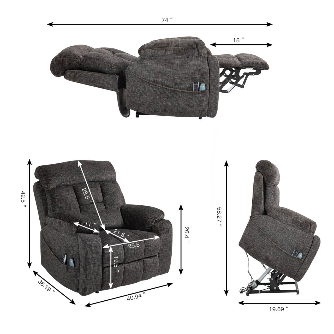 4 Motors Oversized Electric Lift Chair Power Recliner Sofa Chair for Adults with Massgae,Heat and Hidden Cup Holders, 180° Infinite Electric Reclining Armchair Comfy for Living Room, Bedroom,Office