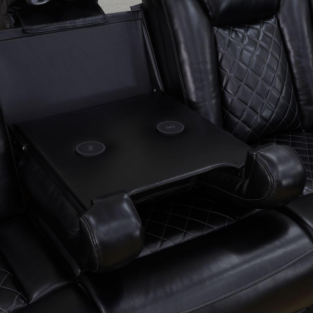 Reclining Sectional, Power Sectional Couch, Leather Sofa Set for Living Room, Comfy Home Theater Seating with USB 2.0 Charging Ports, LED Light Strips, Fold-Down Table & Cupholders (Black, 3-Piece)