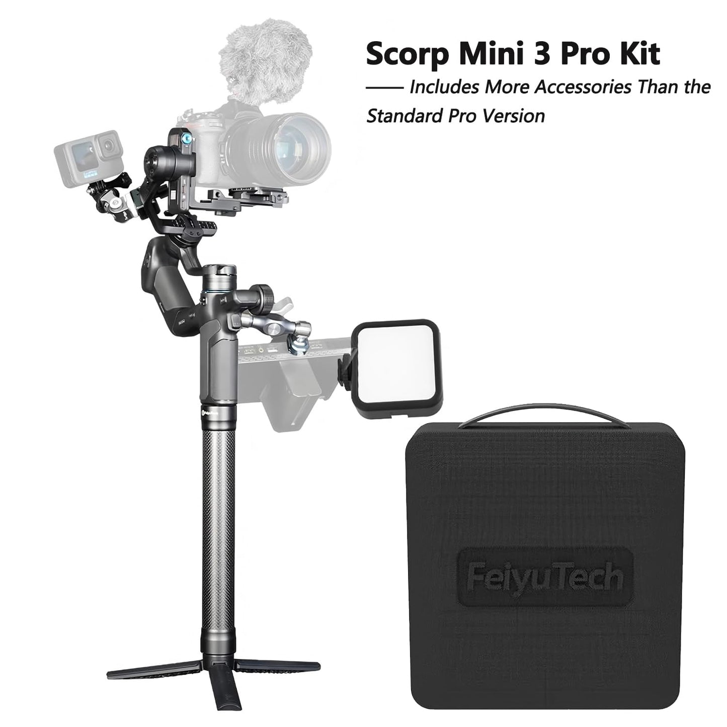 FeiyuTech SCORP Mini 3 Pro Camera Gimbal Kit w/AI Tracking 4.0, Detachable Touchscreen Handle, 4.4lb Payload, Gimbal Stabilizer for Mirrorless Cameras, Smartphone, Action Cam (Bag+Light+Pole Included)