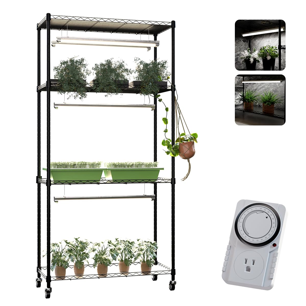 SQUEEZE master Indoor Greenhouse with Grow Lights-DIY Modular Plant Stand with 3-Tone Full Spectrum Lighting- Adjustable Shelves & 24H Timer-Rolling Plant Rack for Seed Starting