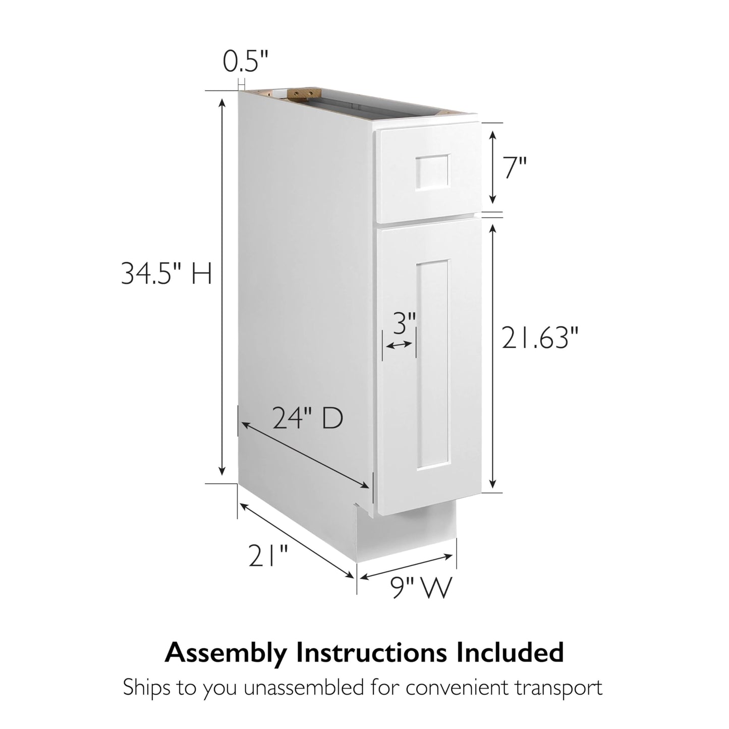 Design House Brookings Shaker Unassembled Base Kitchen Cabinet B9, 9 W x 24 D x 34.5 H, Brown, Solid Wood, 561316