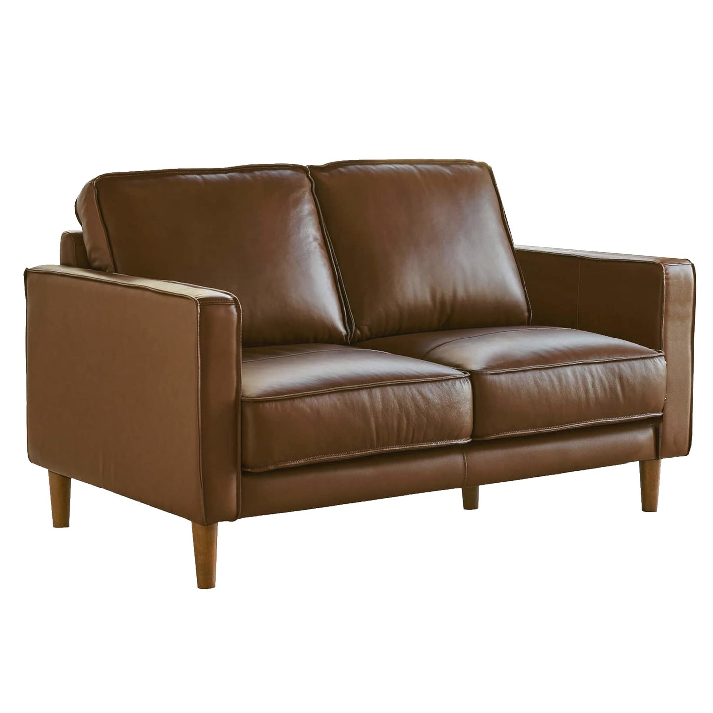 Sunset Trading Prelude 55" Wide Top Grain Leather Chestnut Brown | Mid Century Modern Small Couch Loveseat, Space Seating (SU-PR15070-86-200E)