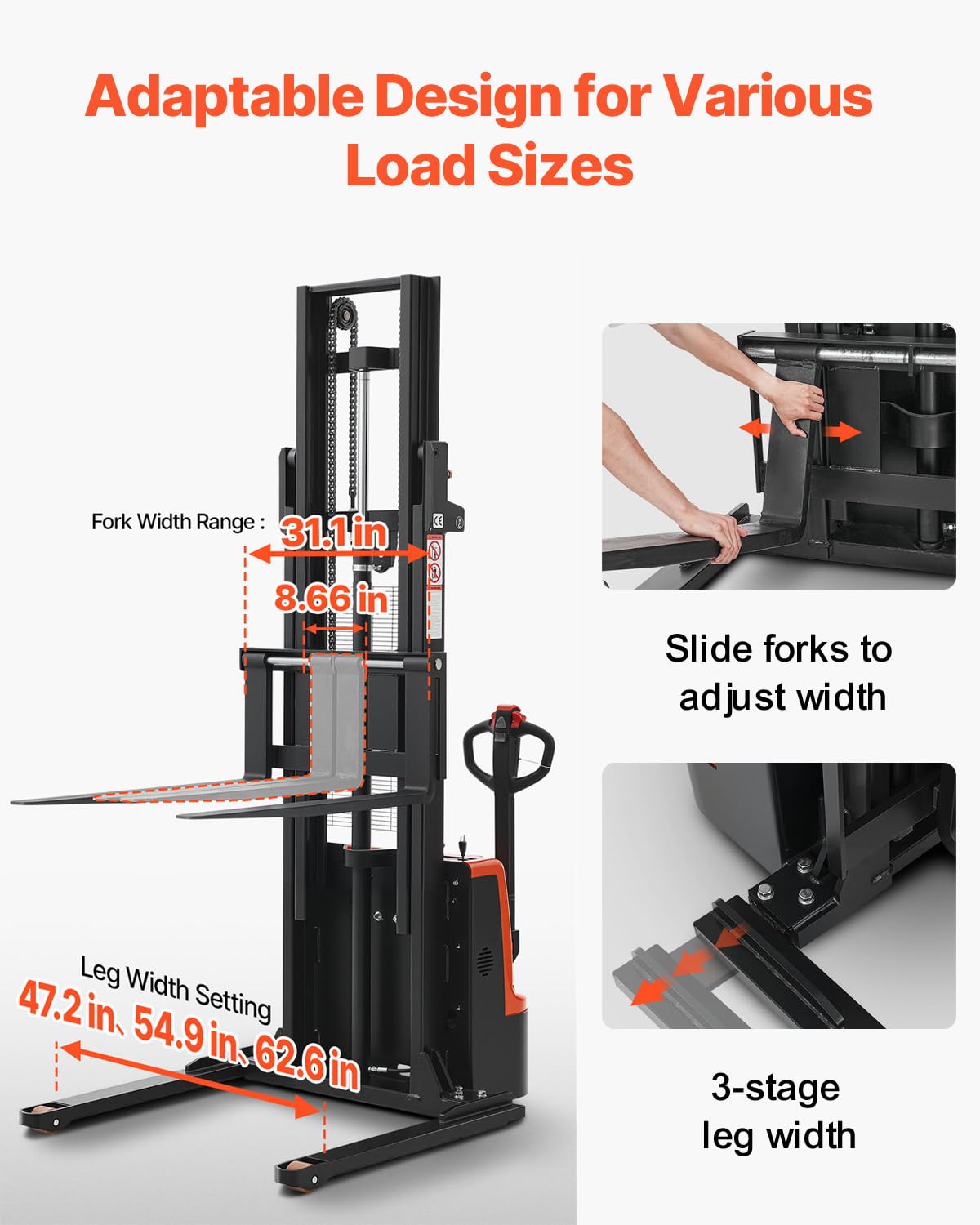 VEVOR Full Electric Pallet Stacker, 3300 lbs Load Capacity, 130'' Max Lifting Height, Pallet Lift Stacker Forklift with Straddle Legs & Forks, 8.66-31.1 Inches Adjustable Fork Width, Orange & Black