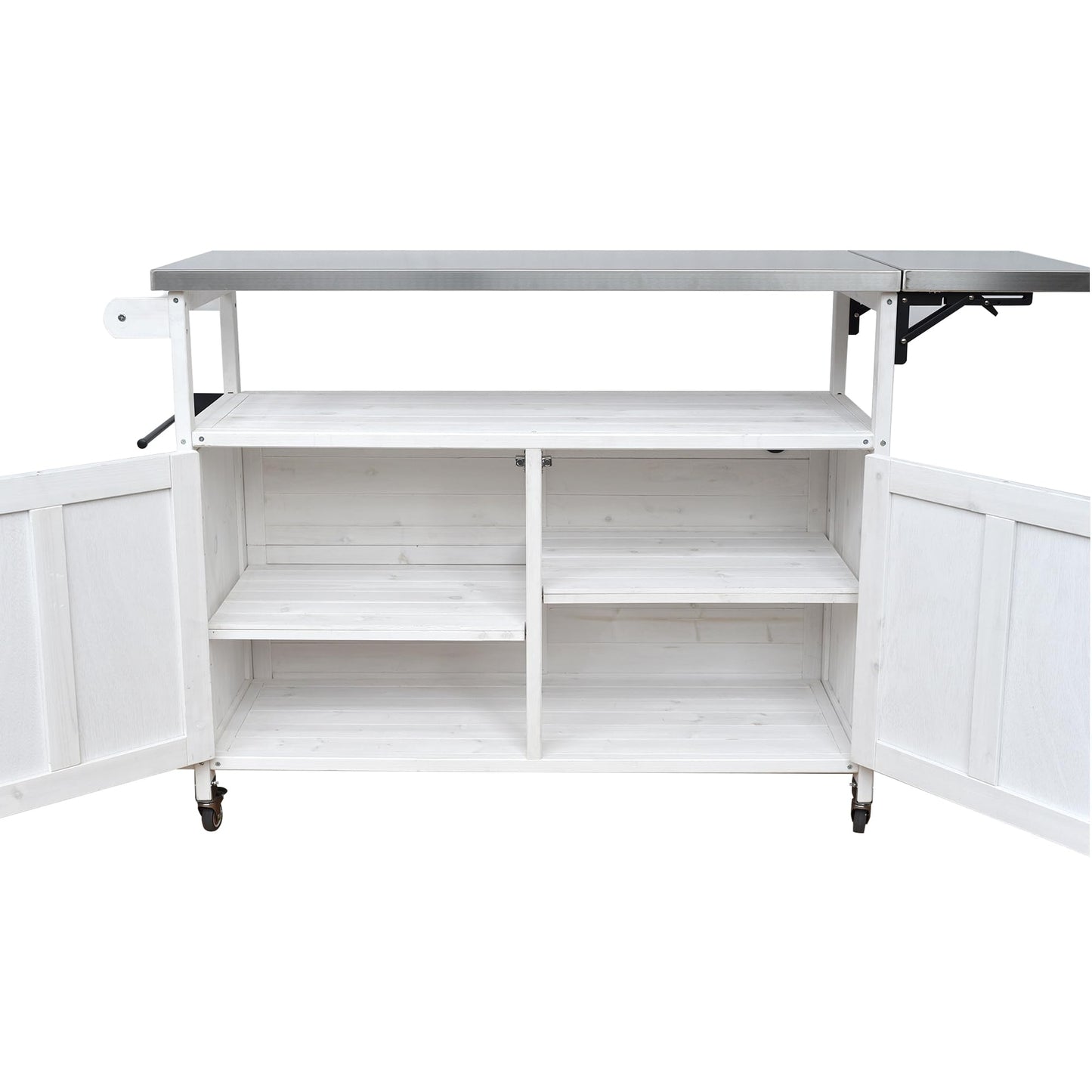 Outdoor Kitchen Island Cart with Foldable Stainless Steel Top, Rolling Grill Table with Adjustable Shelf Storage Spice Rack and Towel Holder, Wooden BBQ Prep Station with Lockable Wheels, White
