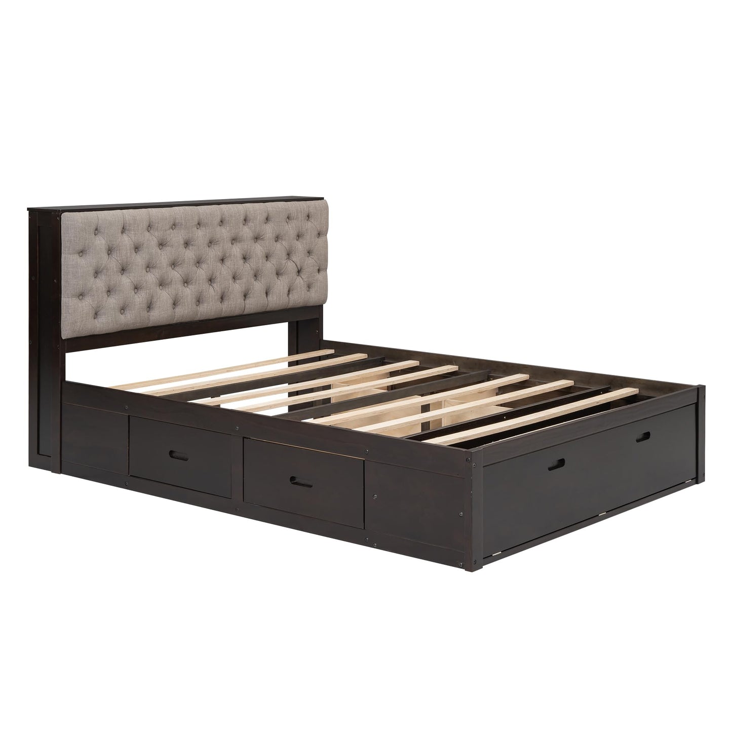 Merax Queen Size Bed Frame with Upholstered Storage Headboard, Rustic Wood Platform Bed with Four Drawers and Shoe Rack, Sturdy Wooden Slats Support, No Box Spring Needed, Easy Assembly, Espresso