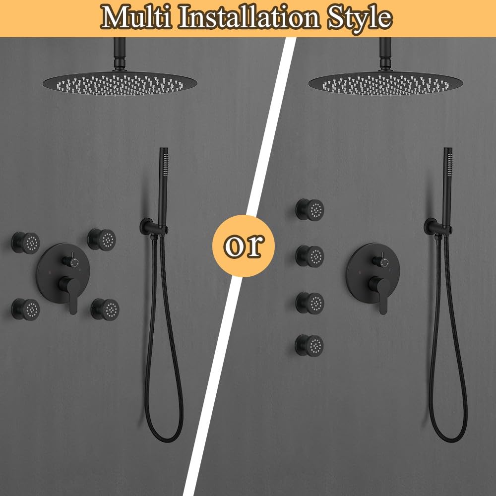 HXYHS Matte Black Round Shower Faucet Set with Body Jets 12 Inch Shower Head Handheld Shower Combo Set High Pressure Ceiling Mount with Rough-in Valve