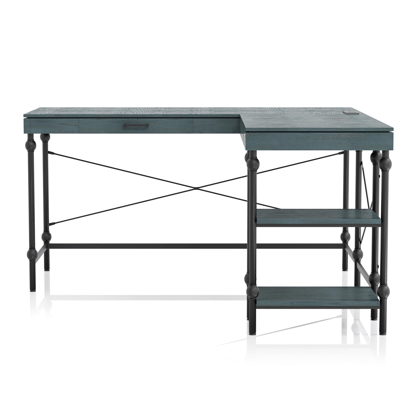 24/7 Shop at Home Monier Farmhouse Metal 2 Shelves Corner Computer Desk with USB Port, Power Outlet, 1 Drawer for Workstation, Home Office, Study Room, Antique Blue