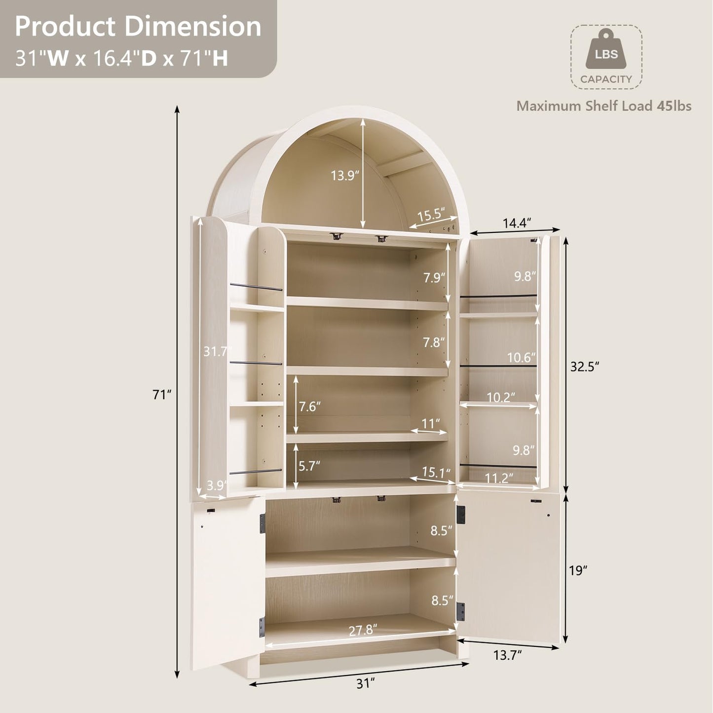 IFBUY 71" Tall Arched Bathroom Storage Cabinet, Modern Fluted Storage Cabinet w/Doors, 3 Adjustable Shelves, 6 Door Shelves, Wood Freestanding Cabinet for Bathroom, Entryway, Hallway, Cream