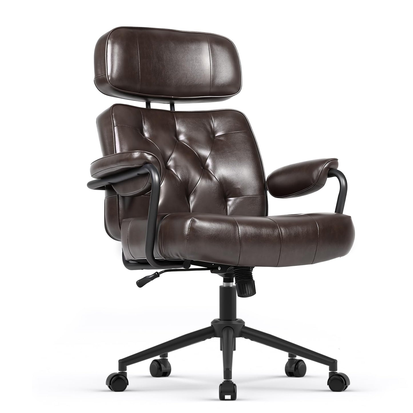 Mid Century Modern Home Office Desk Chair, Ergonomic Office Chair Big and Tall, High Back Executive Office Chair Leather Extra Wide, Computer Chair Comfy, Adjustable Height Rolling Chair, Chocolate