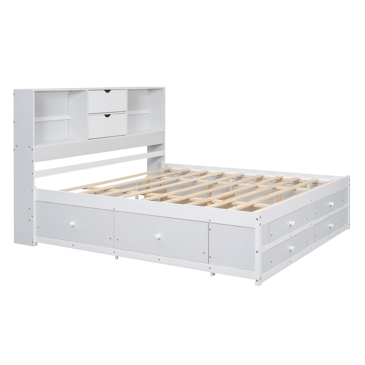 Merax Queen Size Bed Frame with Storage Headboard and 8 Drawers, Solid Wood Platform Bed, White
