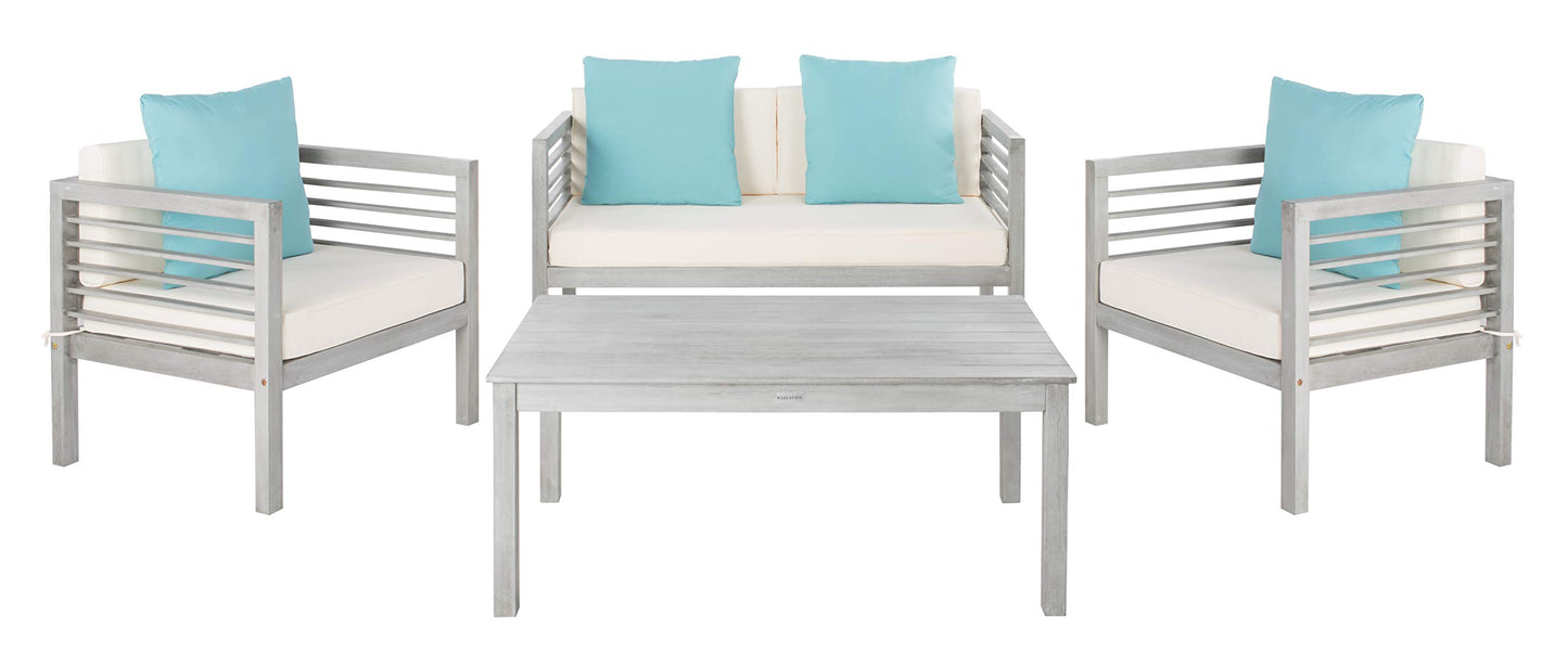 SAFAVIEH Outdoor Collection Alda Grey Wash/ White Cushions/ Light Blue Pillows 4-Piece Conversation Patio Set