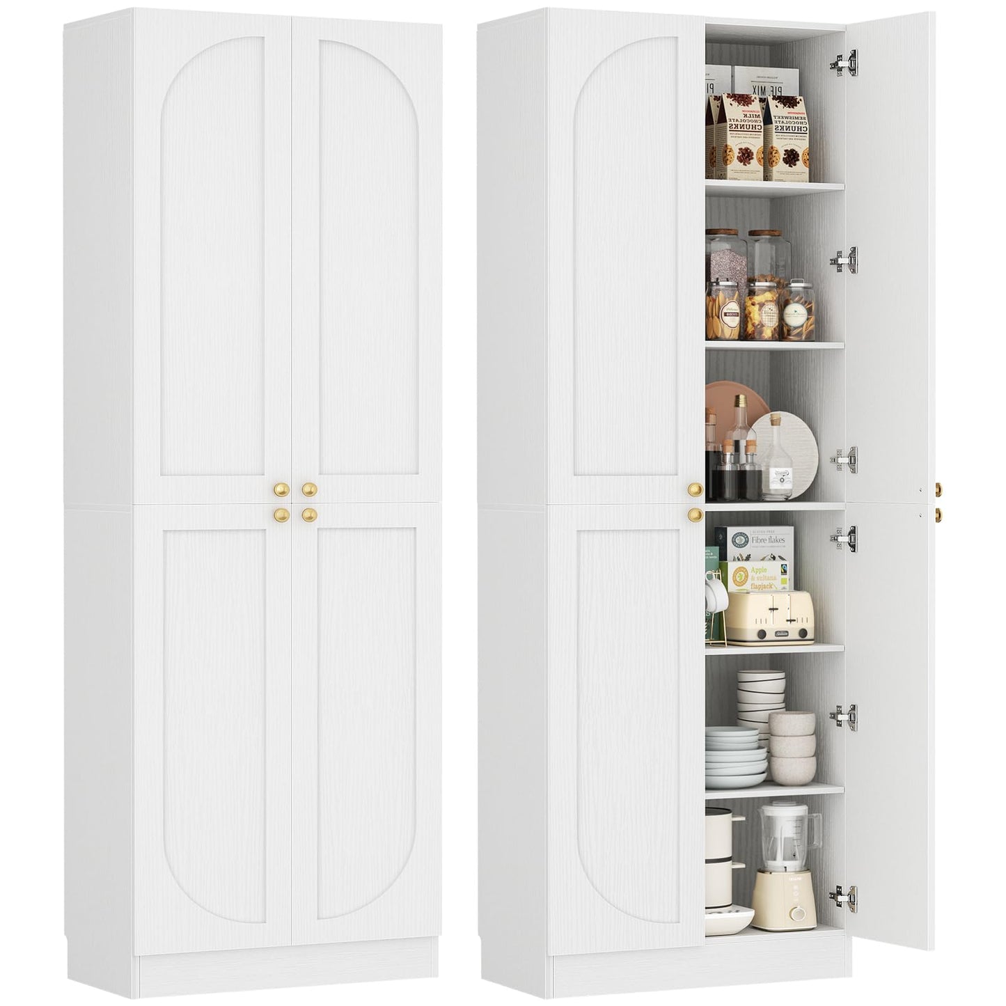 Cyclysio 80" Kitchen Pantry, Extra Tall Arch Storage Cabinet with 4 Soft Close Doors and Adjustable Shelves, Freestanding Wood Cupboard with Seamless Fit Wall for Dining Living Room Bathroom Furniture