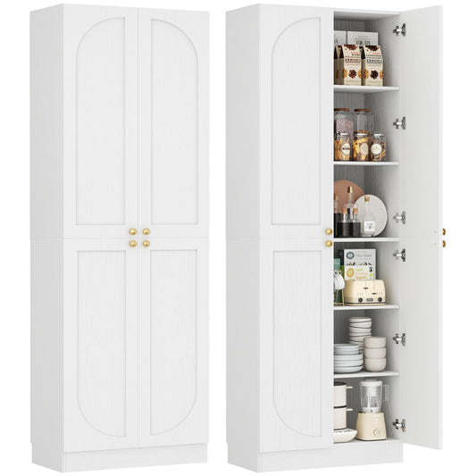 Cyclysio 80" Kitchen Pantry, Extra Tall Arch Storage Cabinet with 4 Soft Close Doors and Adjustable Shelves, Freestanding Wood Cupboard with Seamless Fit Wall for Dining Living Room Bathroom Furniture