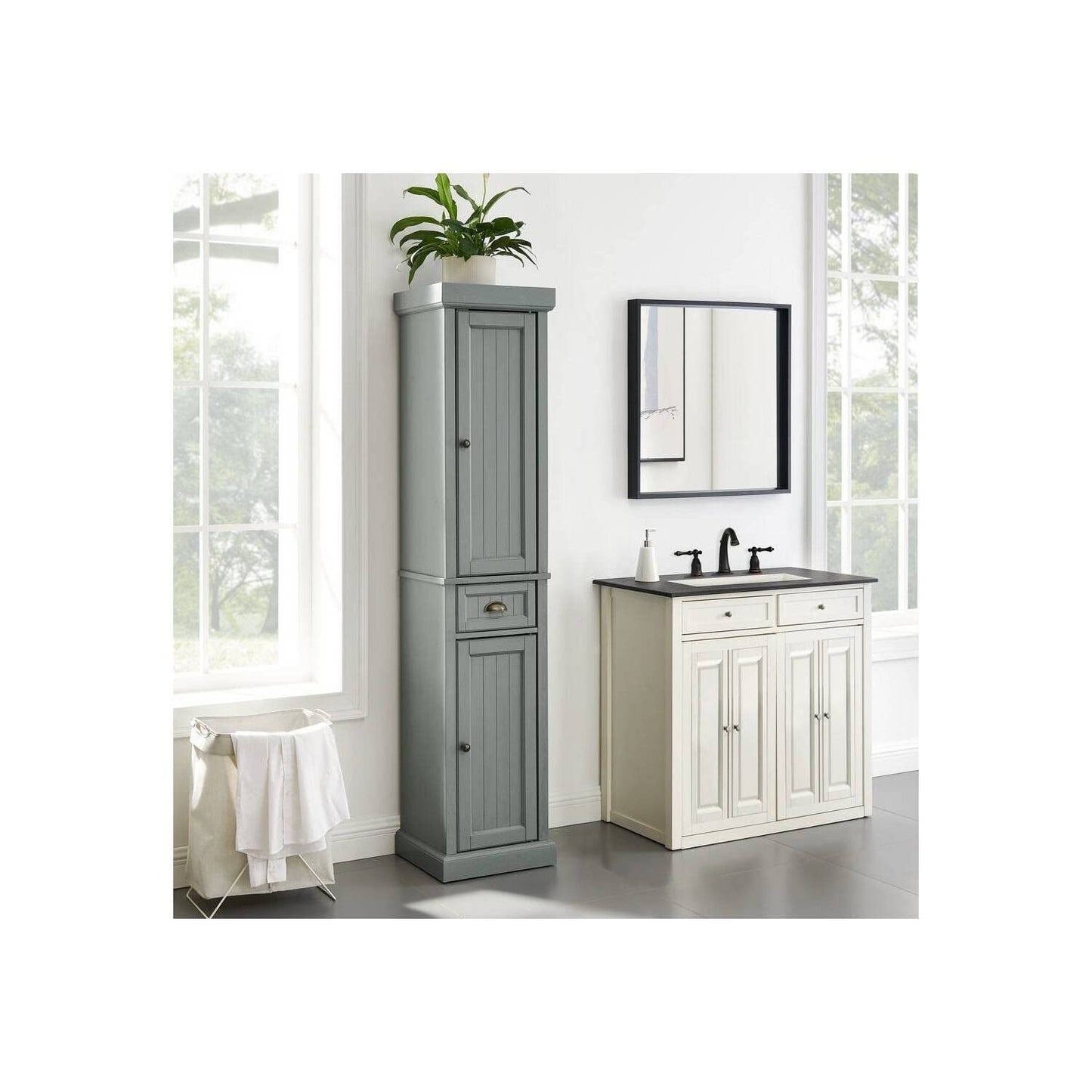 Crosley Furniture Seaside Tall Linen Storage Cabinet and Bathroom Organizer with a Drawer and Shelves, Distressed Gray