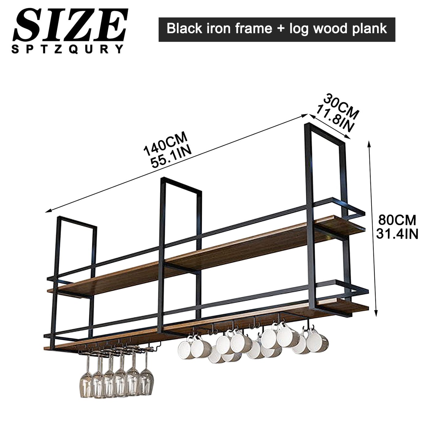 Ceiling Wine Glass Rack - 55.1in Hanging Wine Rack with Glass Holder and Shelf, 2 Layer Industrial Hanging Wine Bottle Holder, Black Metal Ceiling Shelf for Bar Cafe Kitchen (Black, 55.1×11.8×31.4in)