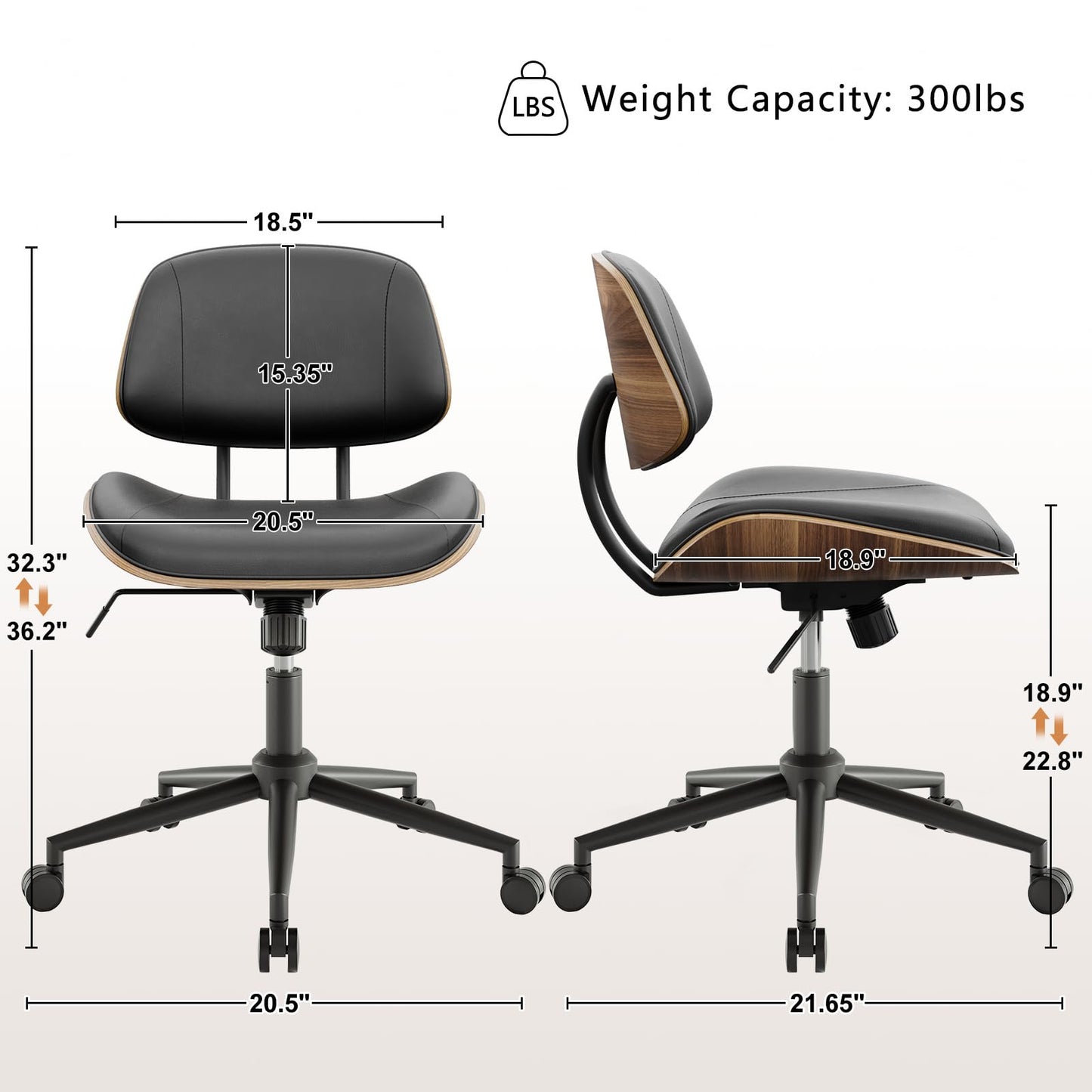 BERYTH Armless Office Chair with Wheels, PU Leather Adjustable Height Desk Chair - 360° Swivel Ergonomic Computer Chair for Small Space, Modern Walnut Style, Home & Meeting Room, Black