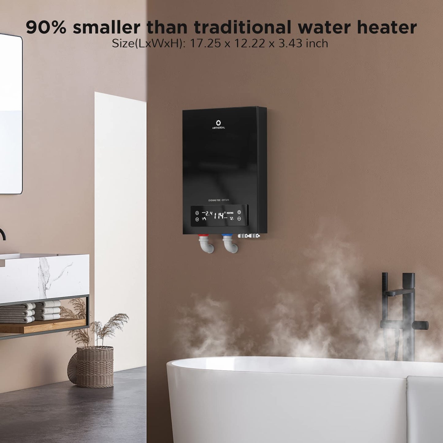 AIRTHEREAL Electric TANKLESS Water Heater 27KW, Endless ON-Demand HOT Water - SELF MODULATES to Save Energy USE - for 3 Showers EVT-27K