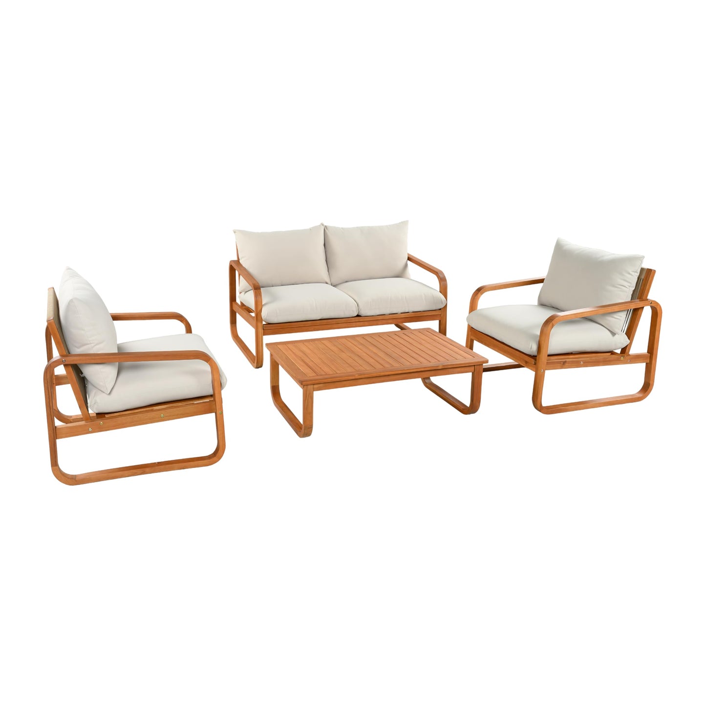 Merax Outdoor 4-Piece Acacia Wood Conversation Set - Patio 2-Seat Loveseat Sofa w/Cushion, 2 Armchair and Square Coffee Table for Backyard, Lawn, Balcony, Beige + Natural