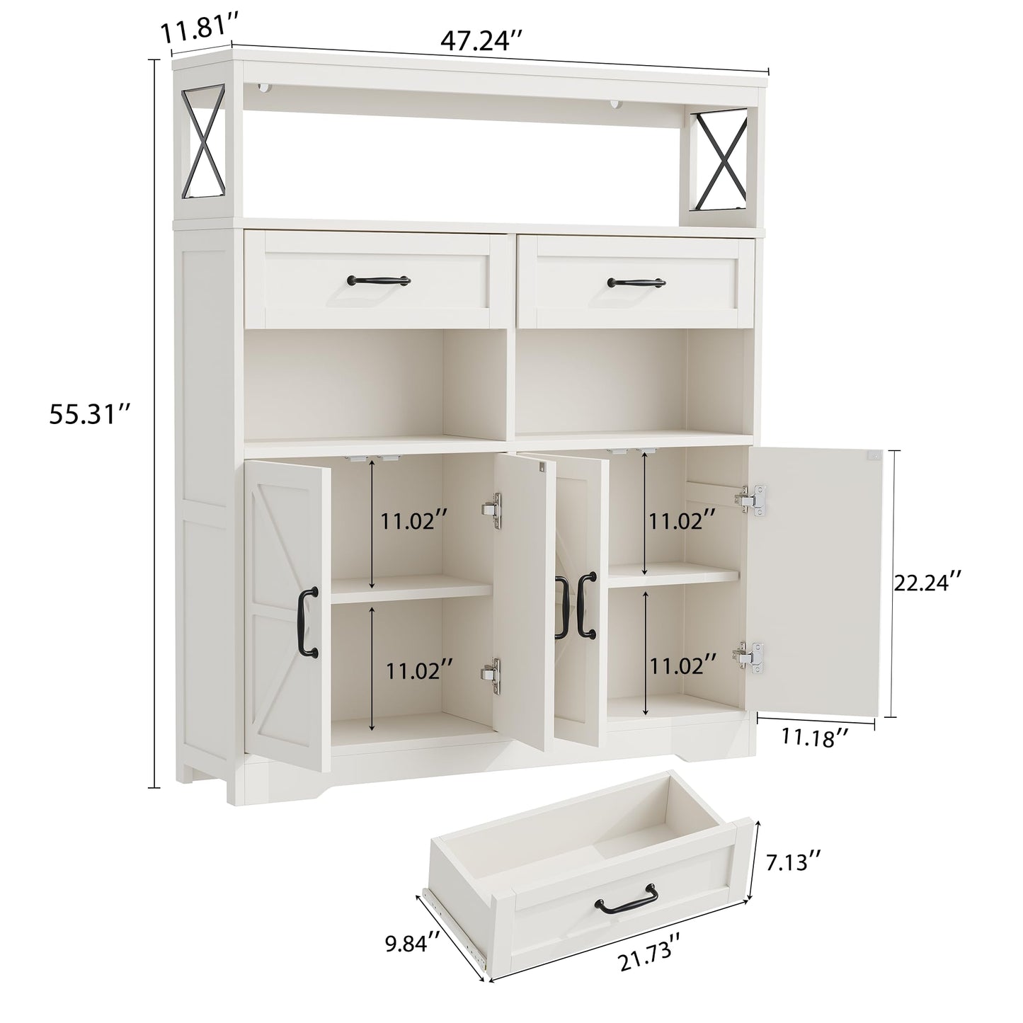 kepptory Farmhouse Kitchen Coffee Bar Cabinet with 4 Barn Doors, Kitchen Sideboard Buffet Cabinet with Drawers, 47" Pantry with Adjustable Shelves for Kitchen and Dining Room(White)