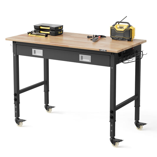 Garvee 48x24 Inch Workbench with Drawer, 6-Level Adjustable Height, 2000 lb Load Capacity, Solid Rubberwood Top, ETL Power Outlets, Swivel Casters, Pegboard & Hooks for Garage