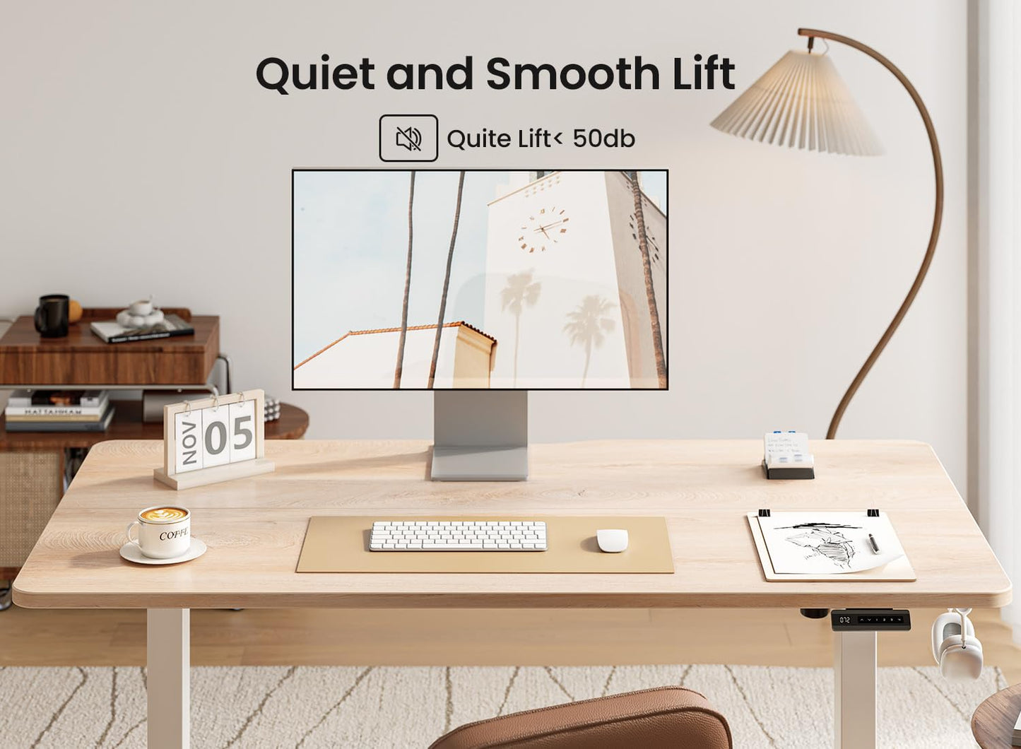 BANTI 63 × 28 Inches Standing Desk, Ergonomic, Electric Height Adjustable, Sit and Stand Up, Computer Desk with a Deeper Desktop, White Frame/Maple Top