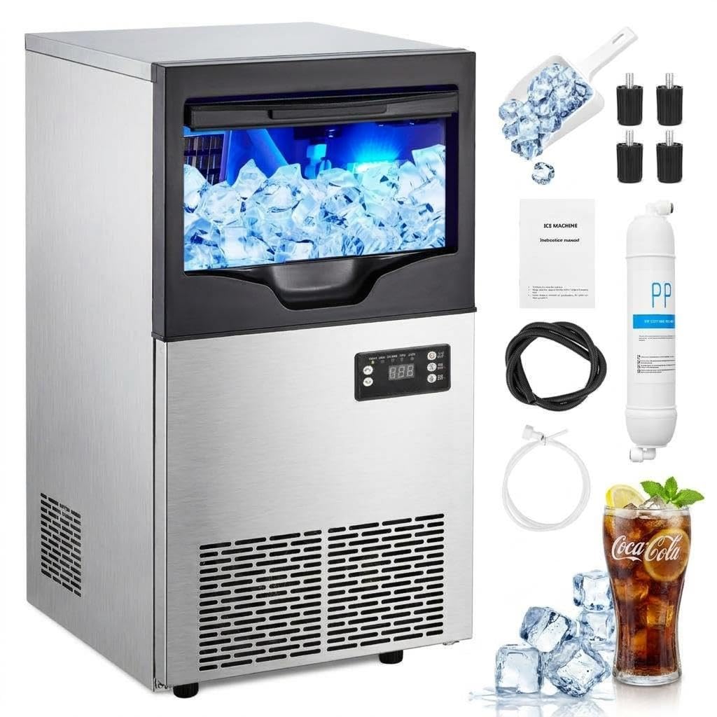 Commercial Ice Maker Machine 77LBS/24H, Stainless Steel Under Counter Ice Machine with 22LBS Ice Storage Capacity, Auto-Cleaning, 5x8 Ice Grid for Bar Restaurant Cafe Office Home, 110V 195W