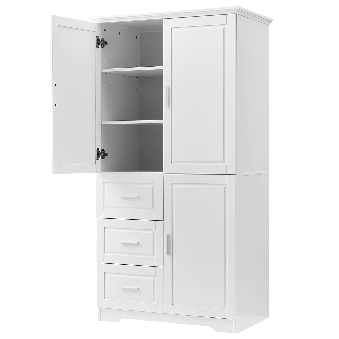 Merax 62.2" Pantry Cabinet with Three Doors & Three Drawers, Adjustable Shelves Storage Cupboard for Kitchen/Dining Room/Bathroom, White