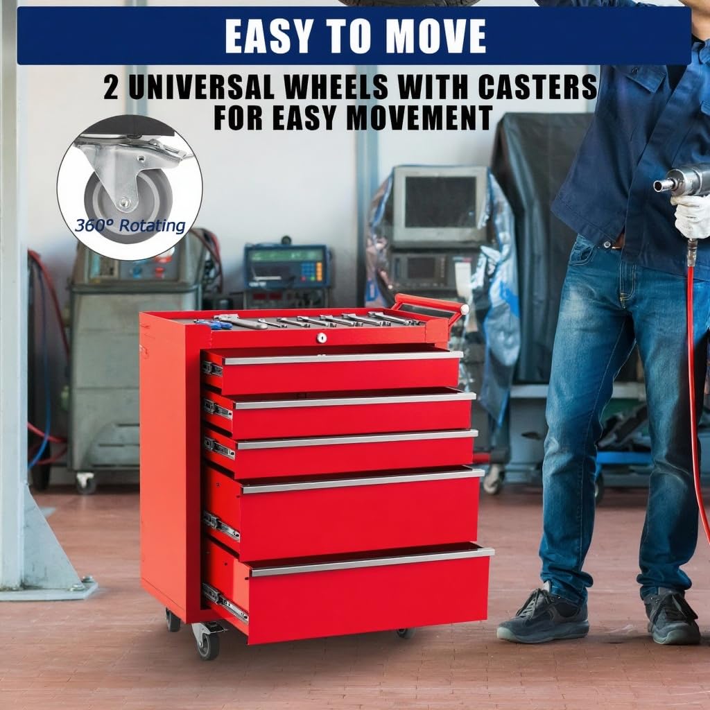 Rolling Tool Chest, 5 Drawers Tool Storage Cabinet with Wheels, Portable Tool Cabinet Organizer with Locking System & Drawer Liners,Universal Lockable Wheels, Tool Storage Cart for Garage, Workshop