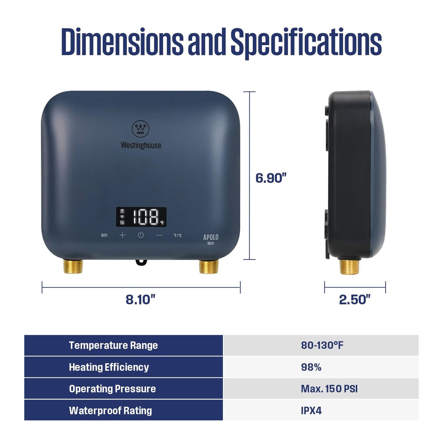 Westinghouse Apolo Mini 8kW Tankless Water Heater Electric, 240V Instant Hot Water Heater, Under Sink Water Heater Electric, Smart WiFi Control, Compatible with Alexa & Google Home, Deep Blue