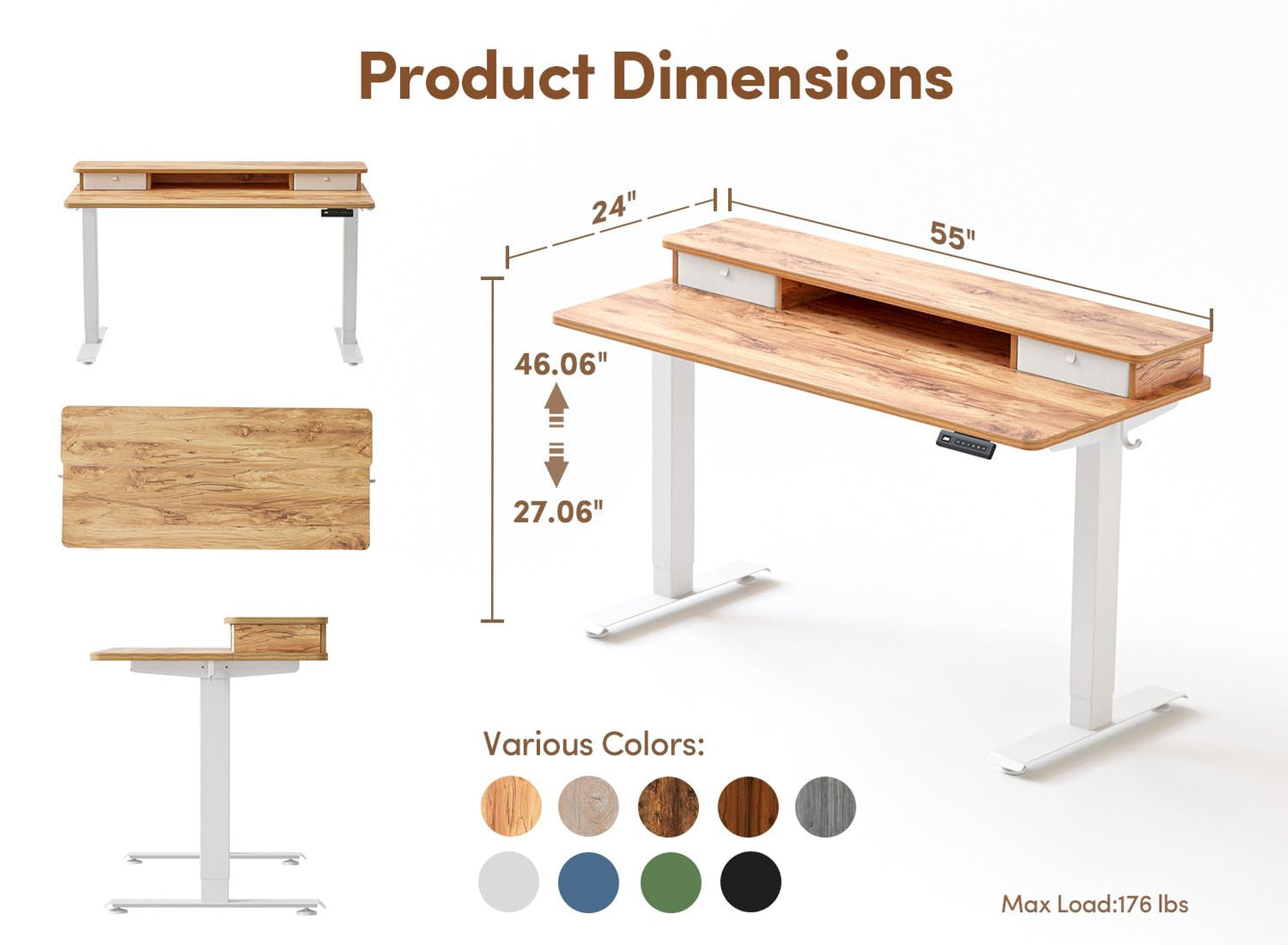 BANTI 55x24 Inch Electric Height Adjustable Standing Desk, Home Office Computer Desk with Double Storage Drawers, 4 Adjustable Feet & 2 Hooks, Light Rustic