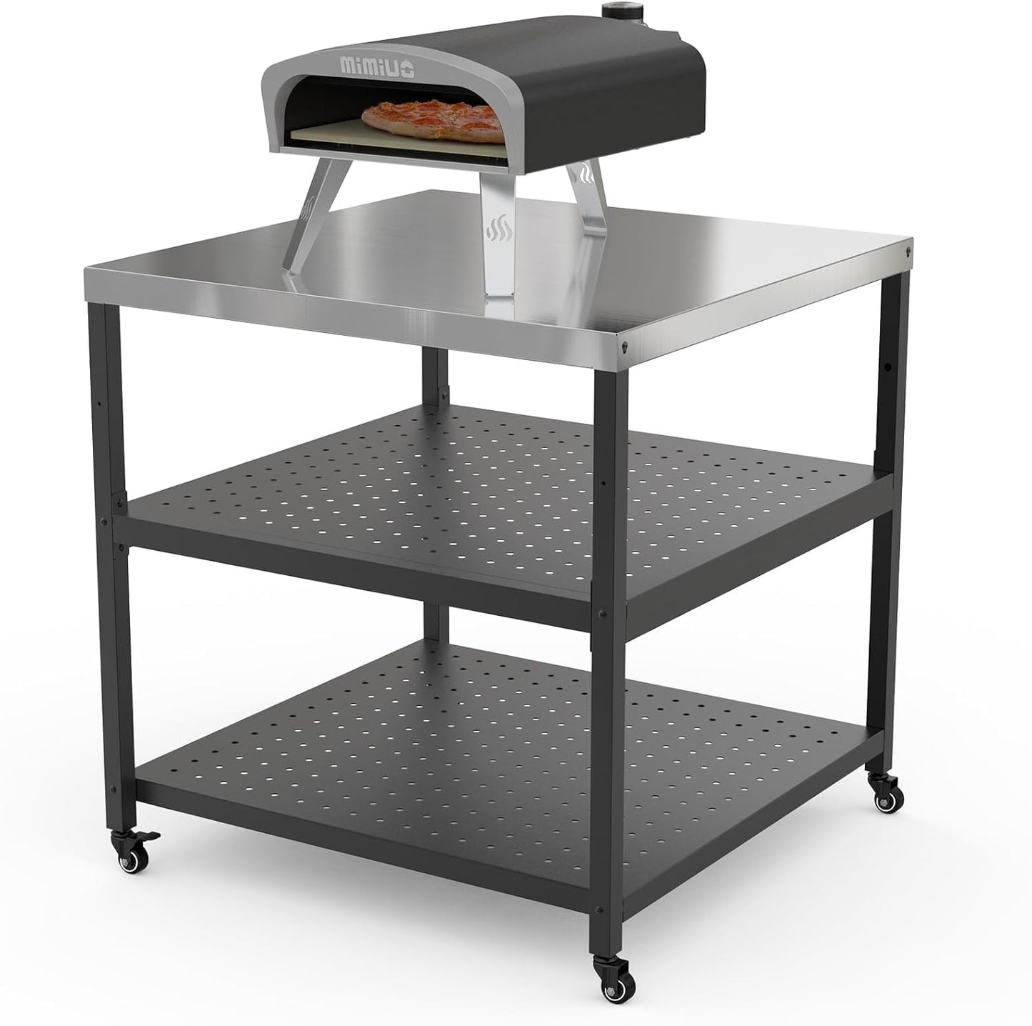 Mimiuo 31.5" Square Pizza Oven Stand – Heavy Duty Stainless Steel Table for Ooni, Blackstone, Ninja, Outdoor BBQ Cart with 3 Adjustable Shelves, Locking Wheels, Propane Tank Compatible 31.5x31.5x33 in