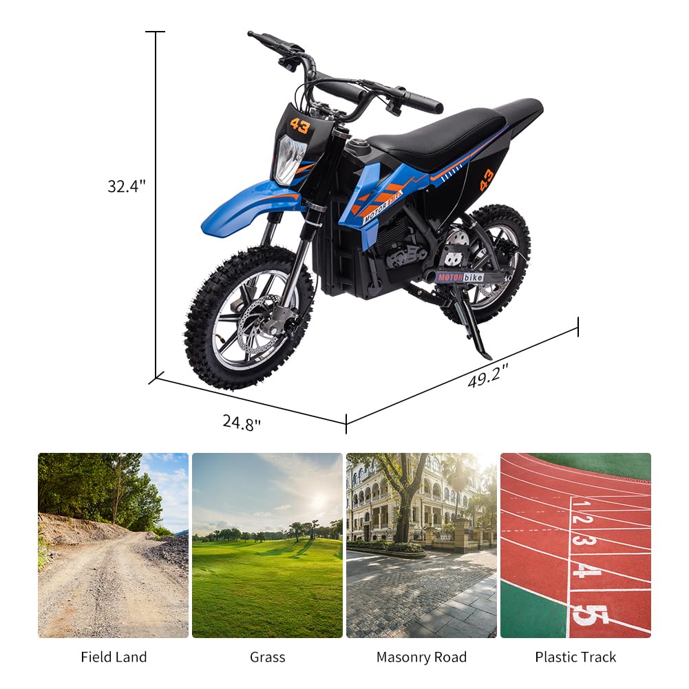 36V Ride on Dirt Bike for Kids,Fast Speed Electric Battery-Powered Off-Road Motorcycle 500W Motor,15.5MPH,Max Load 175 lbs,LED Light,Leather Seat,Disc Brake,Air-Filled Tires,Blue