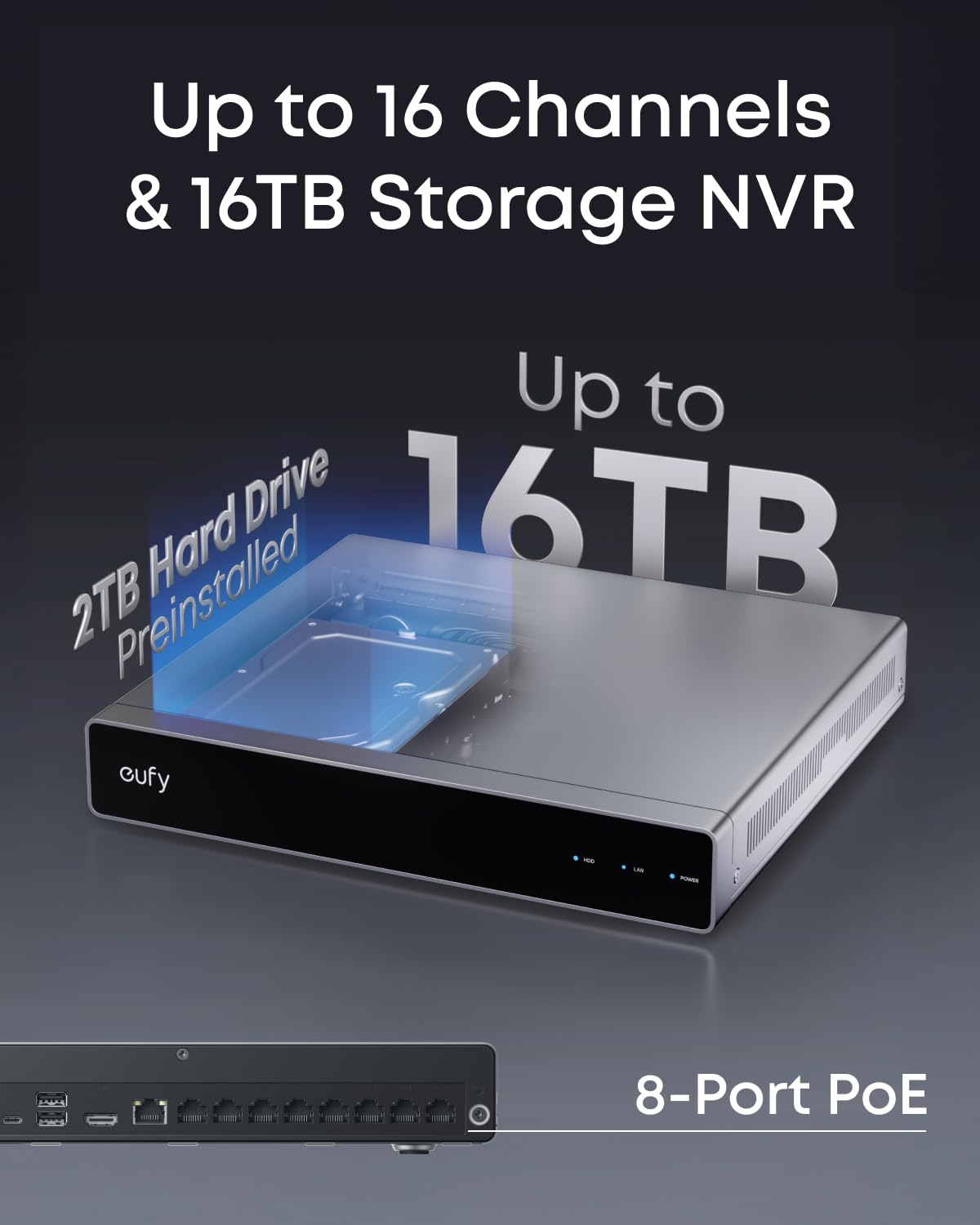 eufy Security Network Video Recorder S4 for Home Security Cameras, 8CH Up to 16CH, Local AI Agent, Smart Video Search, 2 TB HD, Up to 16 TB, 24/7 Recording, Only Works with eufy PoE Cams and Devices