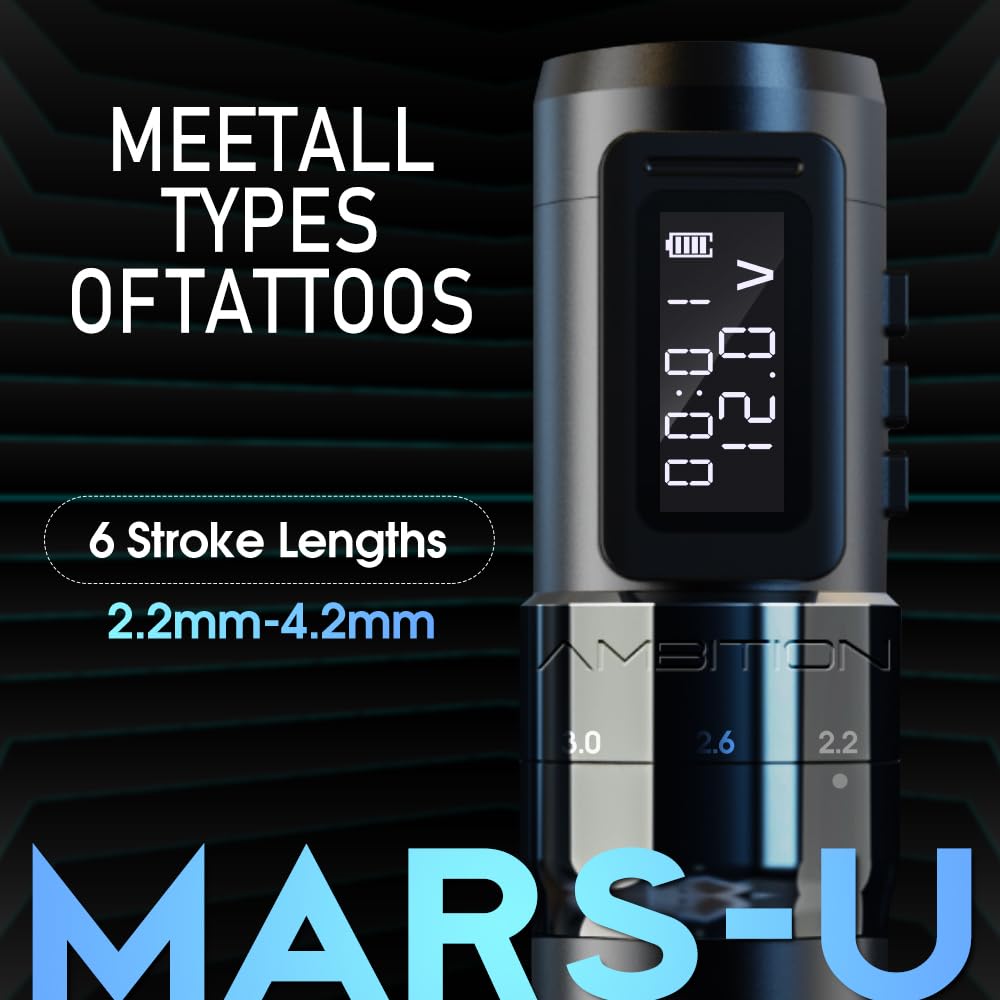 Ambition MARS-U Wireless Tattoo Machine with Adjustable Stroke - Rotary Tattoo Gun Cartridge Pen 1800mAh Power with Coreless Motor Digital LED Display for Professional Tattoo Artist