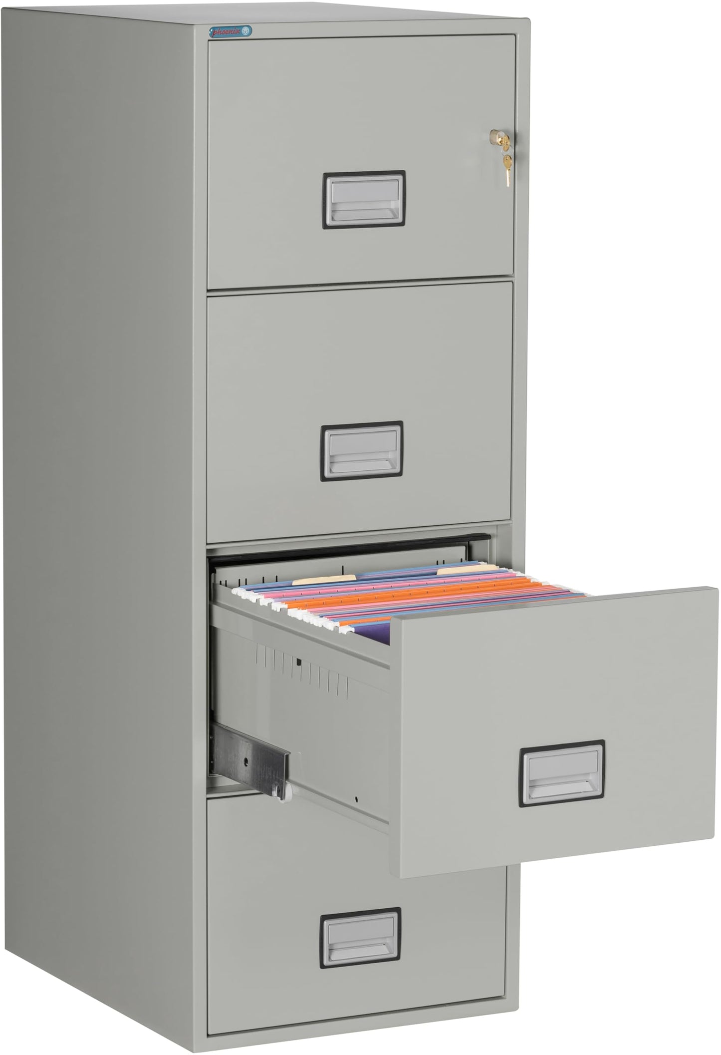 Phoenix Safe 25 inch 4-Drawer Vertical Fireproof File Cabinet – Legal and Letter Size Filing – Key Lock – Water Resistant Seal – Fire and Impact Rated – Light Gray Finish – Model LGL4W25LG