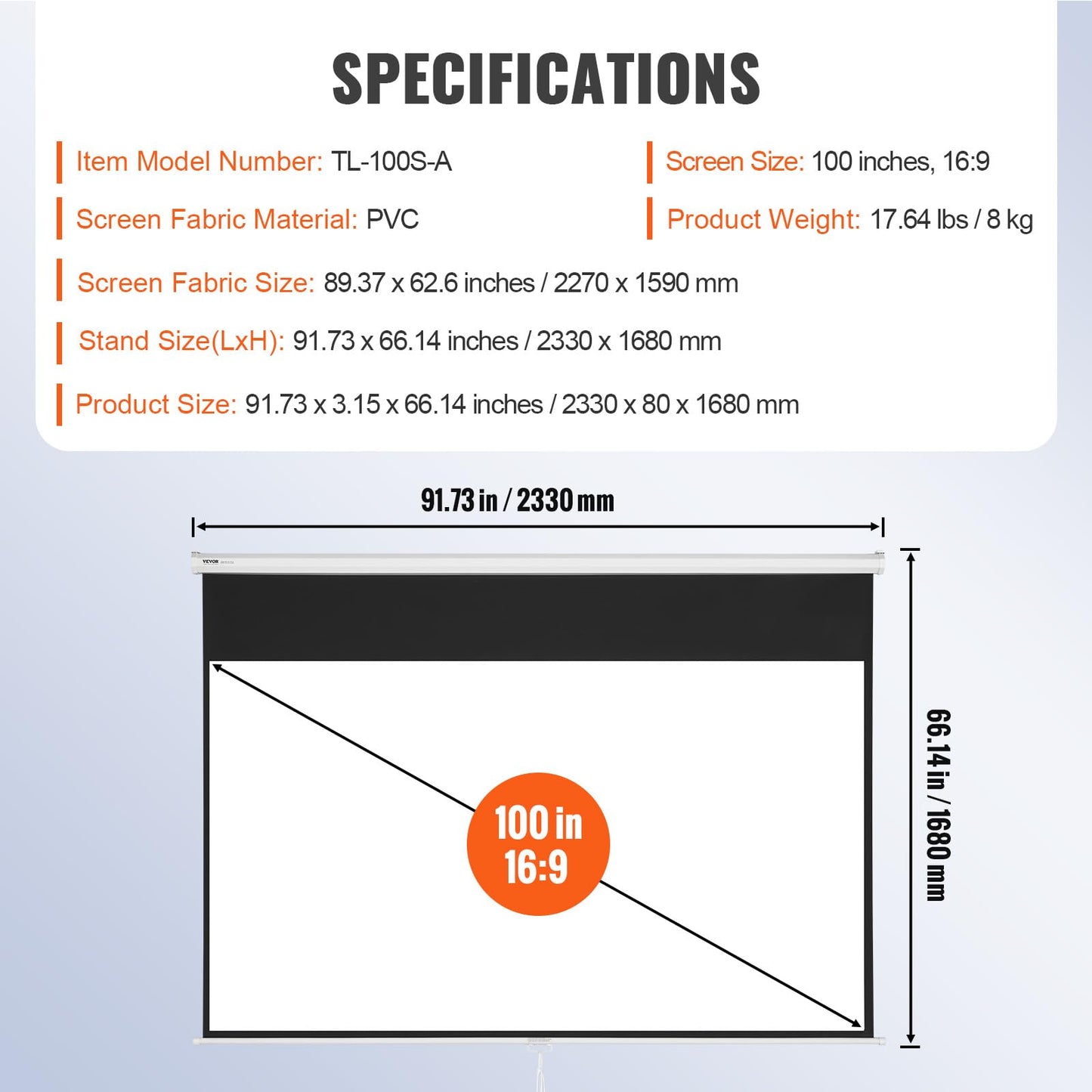 VEVOR Projector Screen, 100 inch Manual Pull Down Projector Screen, 16:9 4K 1080 HD Projector Screen, Auto-Locking Portable Projection Screen, Projector Screen for Family Home Office Theater