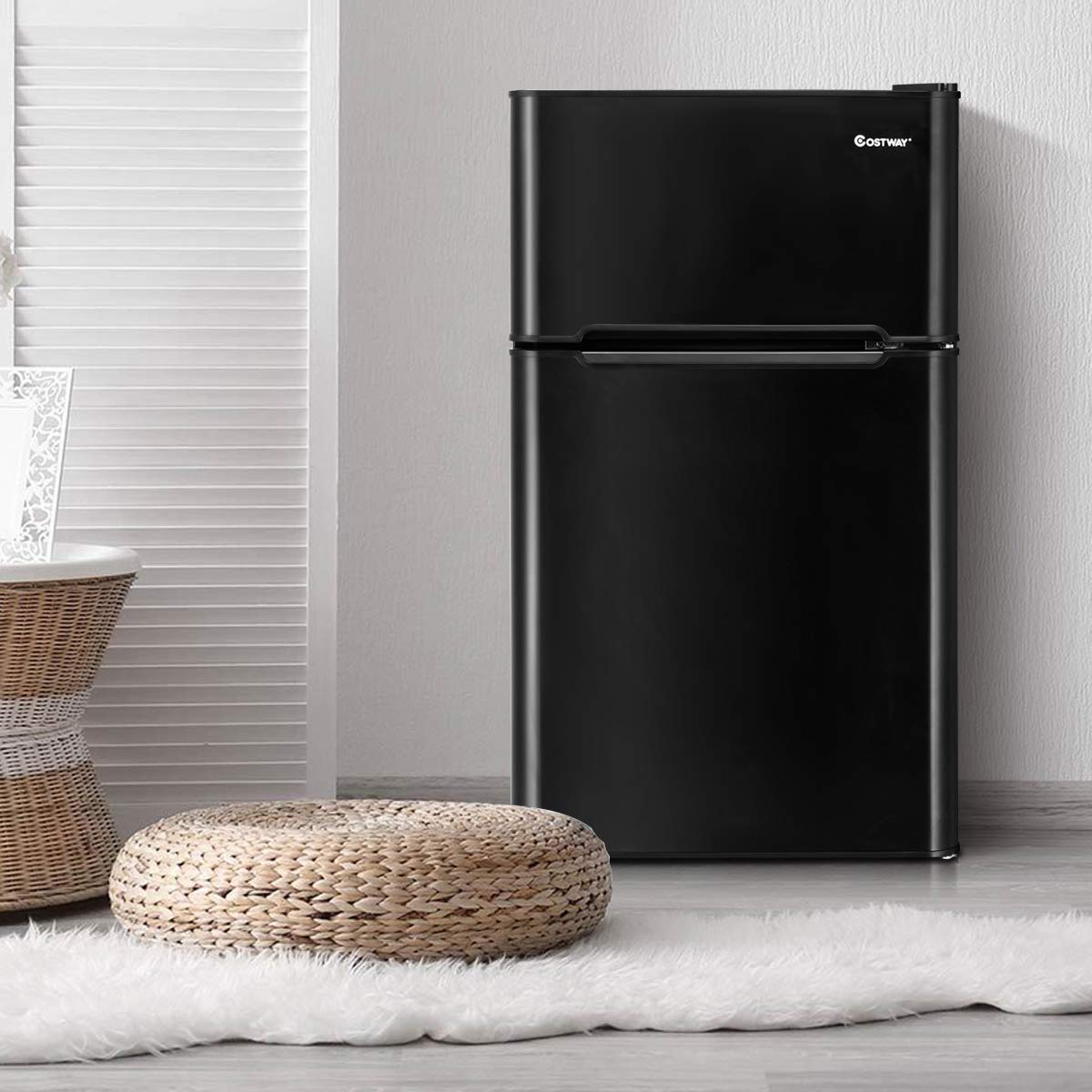COSTWAY Mini Fridge with Freezer, 3.2 Cu.ft. 2-Door Mini Freezer Cooler Fridge w/Reversible Door, Removable Glass Shelves, Mechanical Control, Small Refrigerator for Bedroom, Dorm, Office (Black)