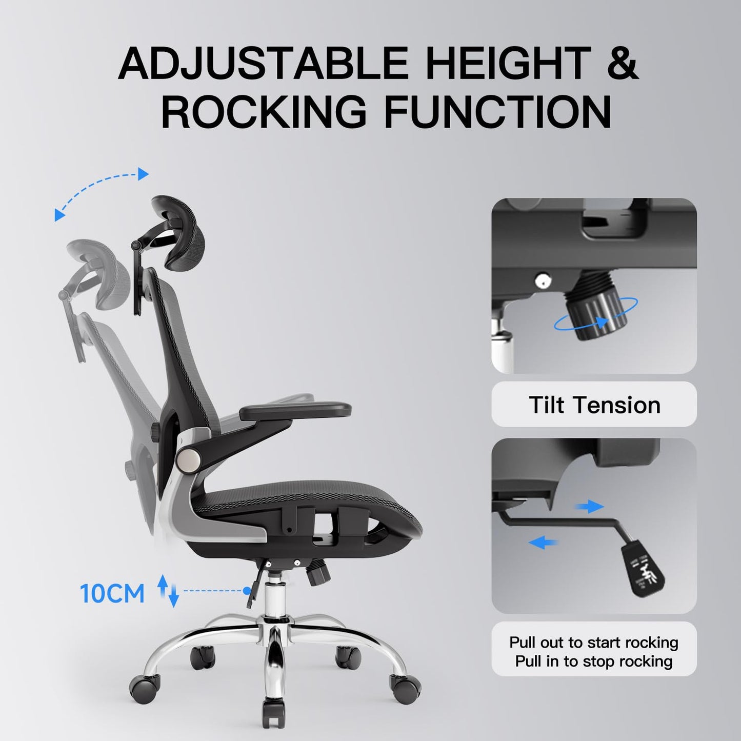 marrap Ergonomic Office Chair, Mesh Desk Chair with 3D Armrests, Adjustable Lumbar Support and Headrest, 90-120° Rocking Function, Black